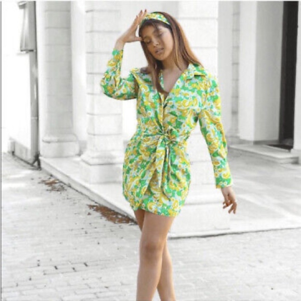 Zara Faux Satin Printed Yellow & Green Floral Wrap Mini Dress Size XL